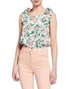Floral-print Cropped Tie-shoulder Gathered Top