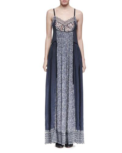 Sleeveless Bicolor Mixed-media Maxi Dress, Navy