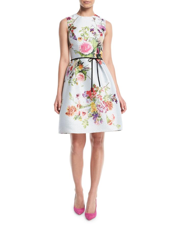 Sleeveless A-line Floral-print Polka-dot Mikado Cocktail Dress W/ Belt