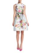 Sleeveless A-line Floral-print Polka-dot Mikado Cocktail Dress W/ Belt