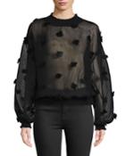 Sheer Pompom Long-sleeve Pullover Top