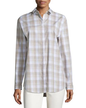 Sabira Long-sleeve Plaid Blouse, Mercury