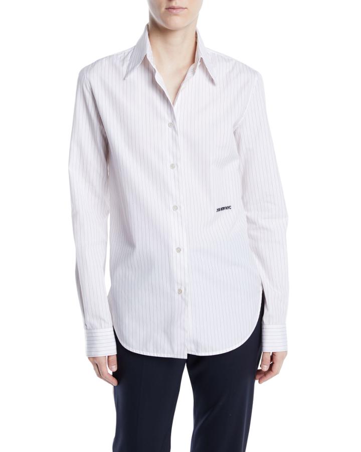 Long-sleeve Button-front Pinstripe Shirt W/ Embroidery