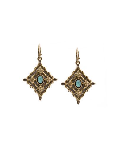 18k Glass Mosaic Scroll Drop Earrings W/ Diamonds, Sapphires & Turquoise