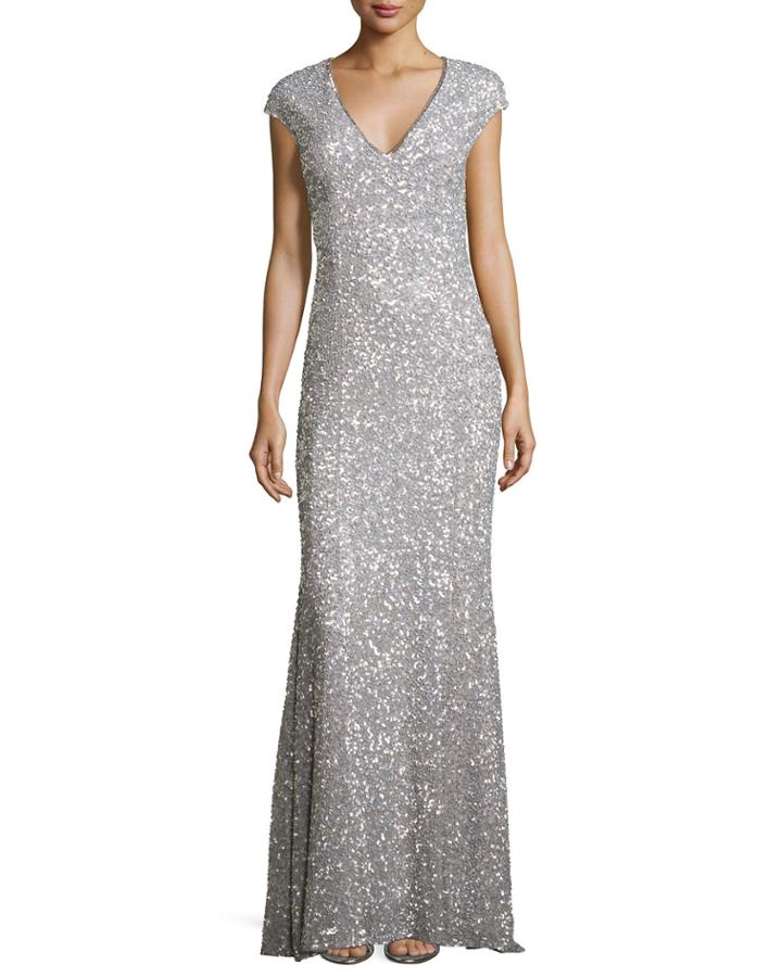 Fleur Beaded Cap-sleeve V-neck Gown