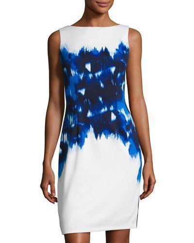 Ikat Poppy Scuba Sheath Dress, White/blue