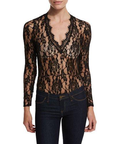 Long-sleeve Stretch-lace Sheer Bodysuit, Black