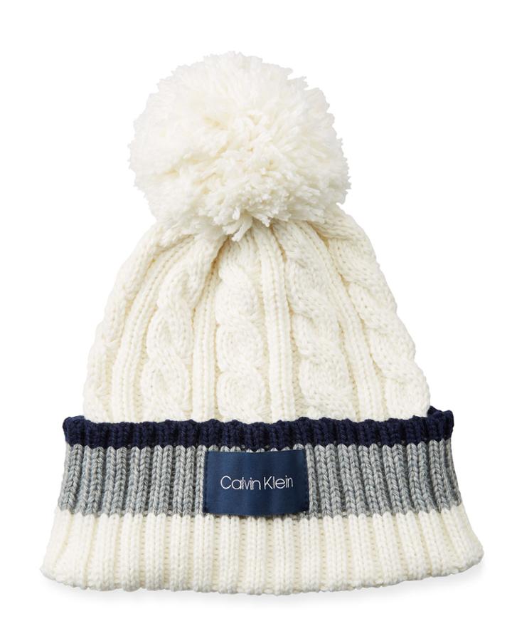 Colorblock Cable Knit Beanie W/pompom