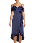 Cold-shoulder Ruffled Faux-wrap Dress