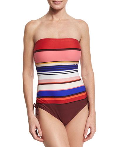 Striped Ruched-side Bandeau One-piece