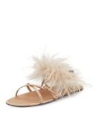 Feather-embellished Crisscross Flat Sandal, Neutral