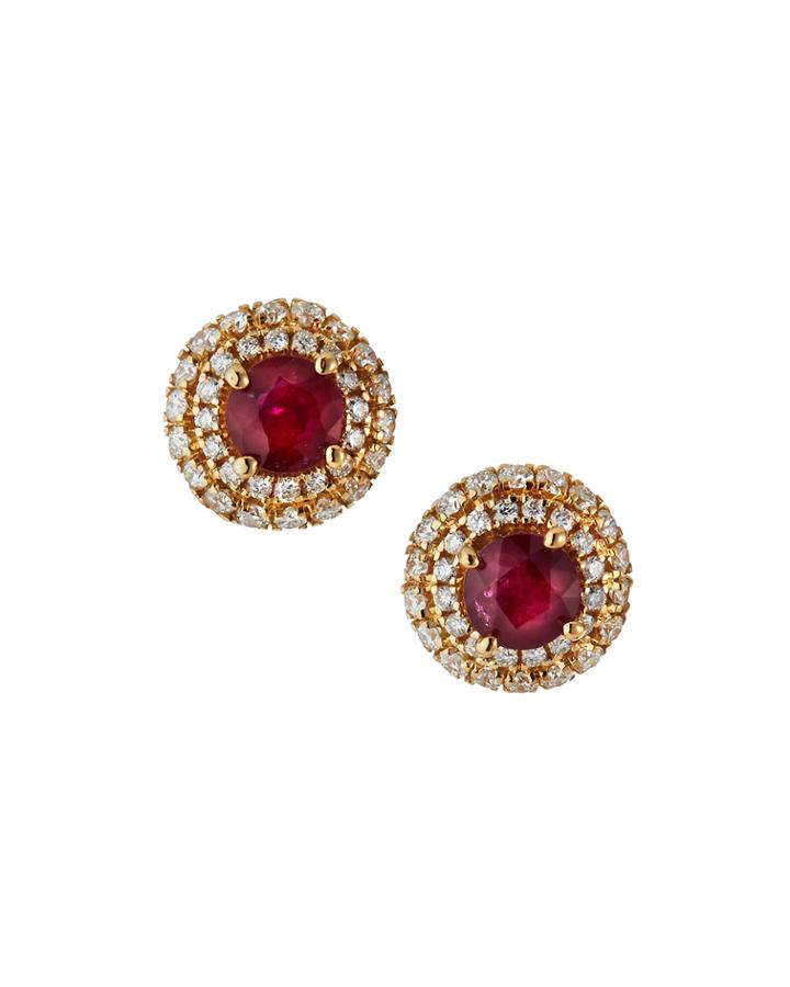 Estate 18k Yellow Gold Diamond And Ruby Earrings