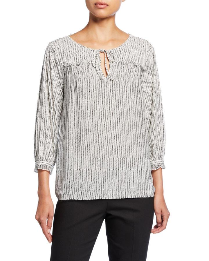 Printed 3/4-sleeve Keyhole Top With Pearly Trim