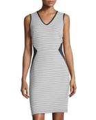 Sleeveless Striped A-line Dress, Black/white