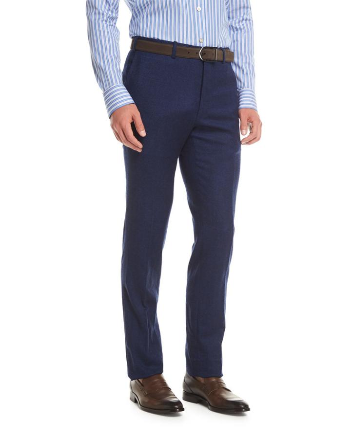 Wool-cashmere Flat-front Trousers, Navy