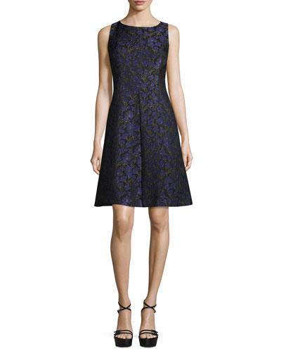 Sleeveless Floral-print A-line Dress, Black/leaf/oleander