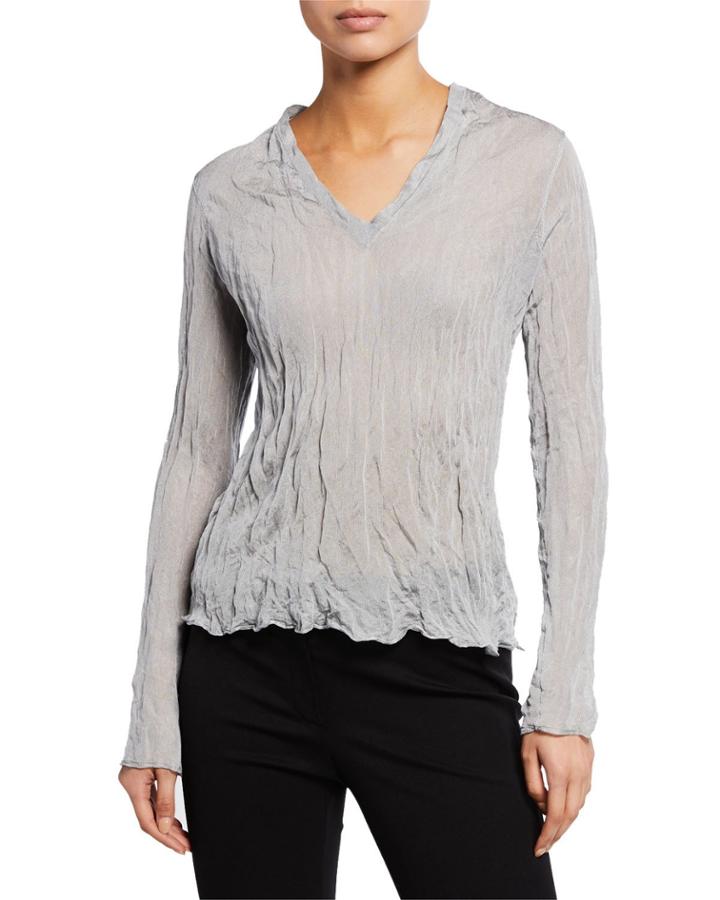 Crinkle V-neck Long-sleeve Metallic Crepe Top