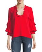 Brannon Scoop-neck Long-sleeve Top With Ruffled Frills