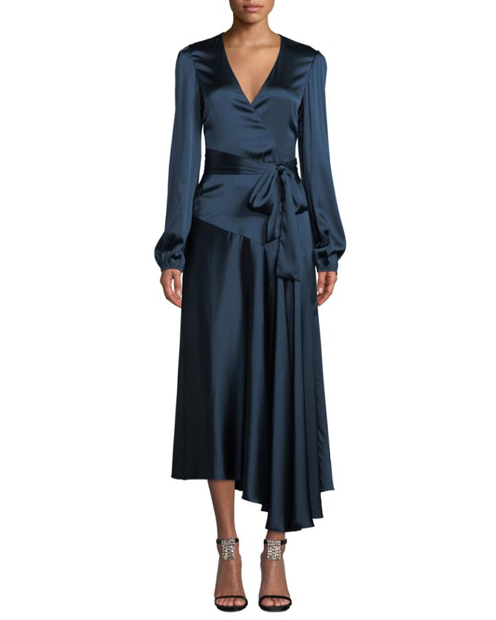 Darby Asymmetric Long-sleeve Silk Wrap Dress
