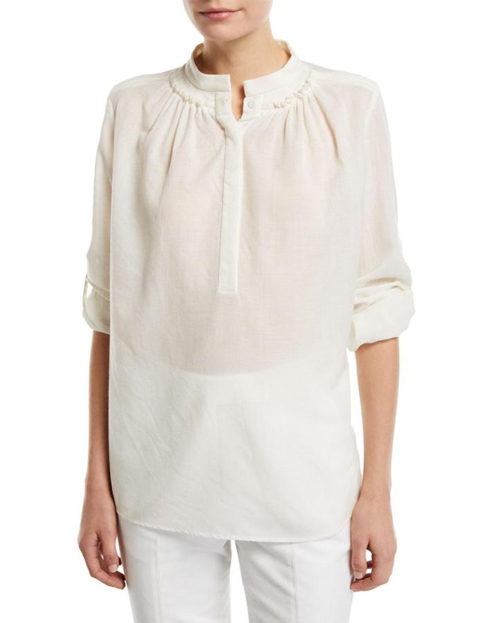 Juan Roll-sleeve Wool/cashmere-gauze Henley Blouse