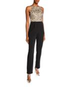 Beaded Bodice Sleeveless Jumpsuit With Crepe Pants