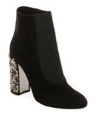 Suede Booties With Crystal Block Heel