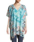 Hummingbird Silk Printed Poncho