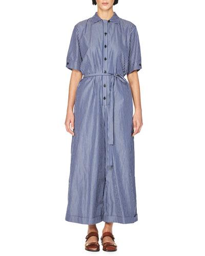 Pinstripe Short-sleeve Wide-leg Jumpsuit, Dark Blue