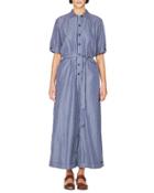 Pinstripe Short-sleeve Wide-leg Jumpsuit, Dark Blue