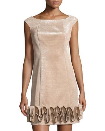 Ruffle-hem Metallic Boat-neck Dress