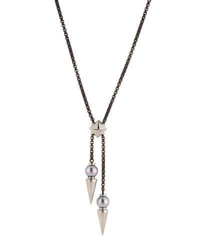 Blackened Spiked Pearl Y-drop Necklace, Gray