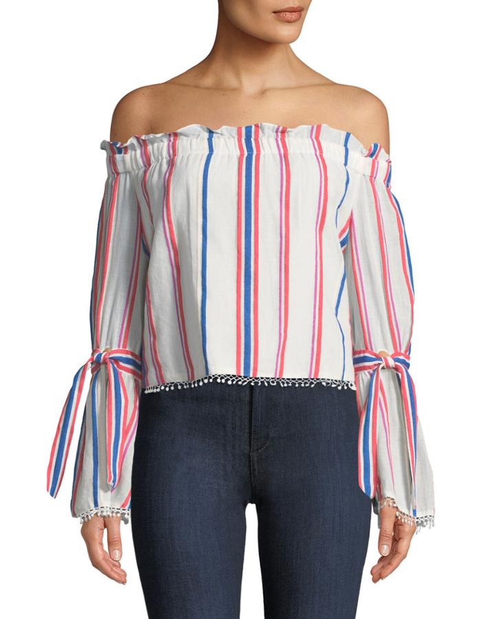 Off-the-shoulder Awning-striped Bell-sleeve Blouse