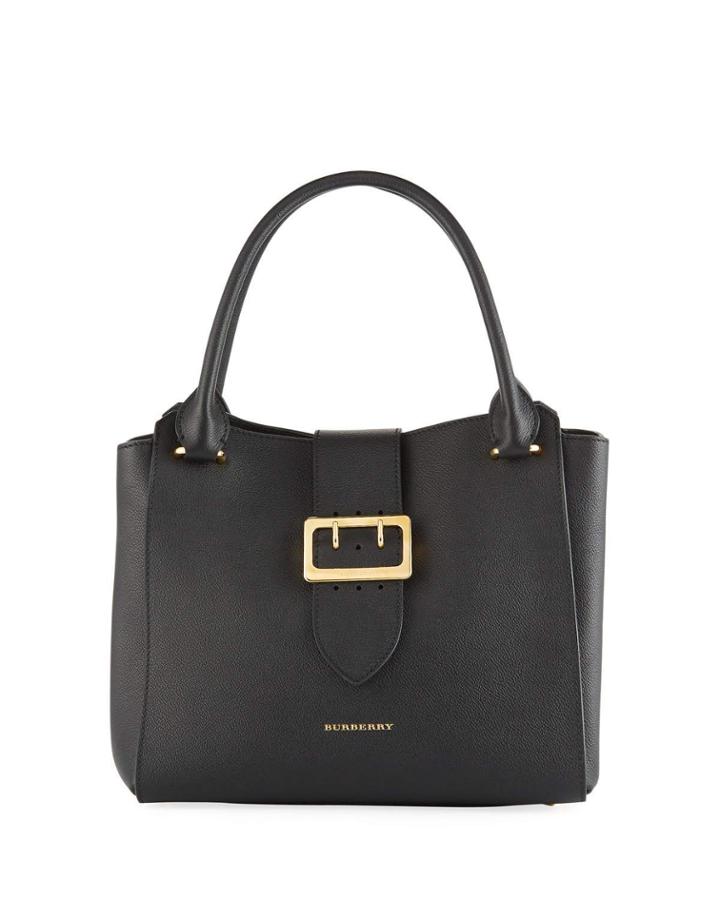Buckle Medium Grained Leather Tote Bag, Black