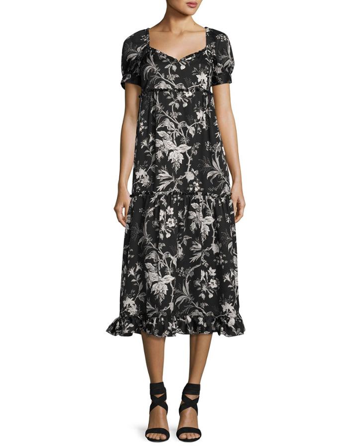 Ruffle Floral-print N&eacute;glig&eacute;e Dress, Black