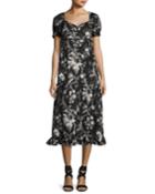 Ruffle Floral-print N&eacute;glig&eacute;e Dress, Black