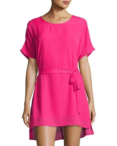 Short-sleeve Belted Dress, Fuchsia