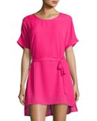 Short-sleeve Belted Dress, Fuchsia