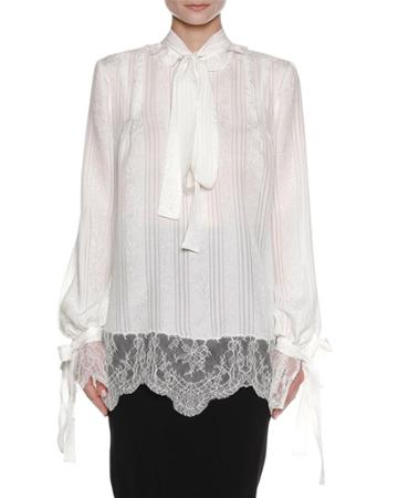 Floral Wallpaper Silk Tie-neck Blouse With Lace Hem, White