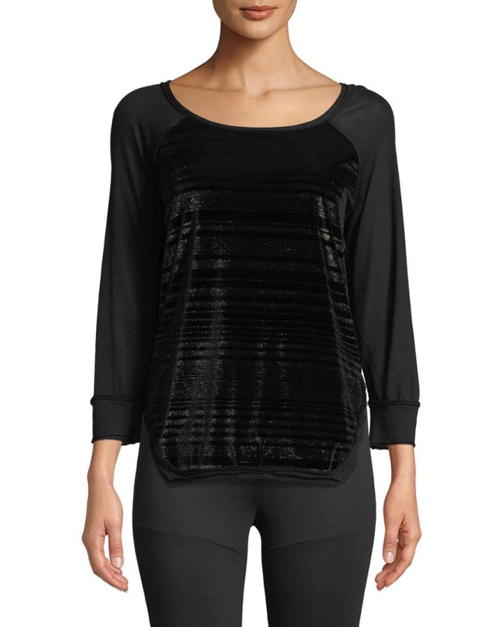 Script Scoop-neck Pullover Velvet Top With Jersey &