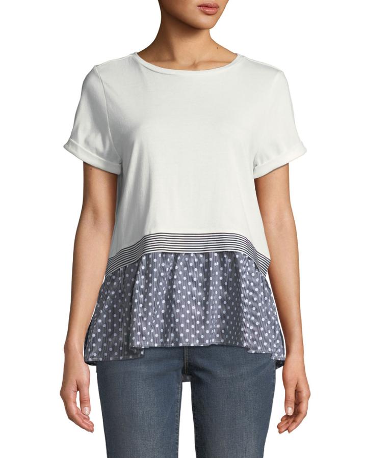 Crewneck Short-sleeve Dot-woven Peplum Top