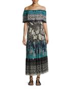 Ruffled Off-the-shoulder Patchwork Maxi Dress, Black Pattern