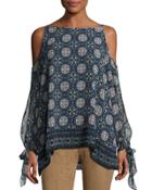 Cold-shoulder Tile-print Top, Evergreen/purple Blue