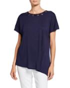 Short-sleeve Side-tie Grommet Neck Asymmetric Tee