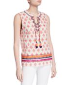 Printed Embroidered Pompom Top
