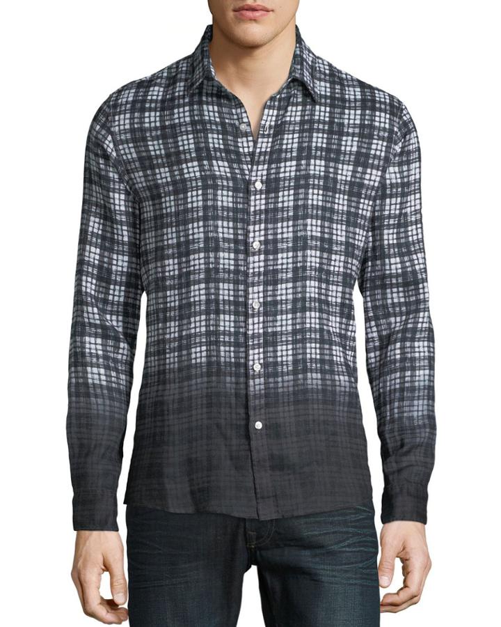 Men's Dip-dyed Madras Plaid Linen Button-down
