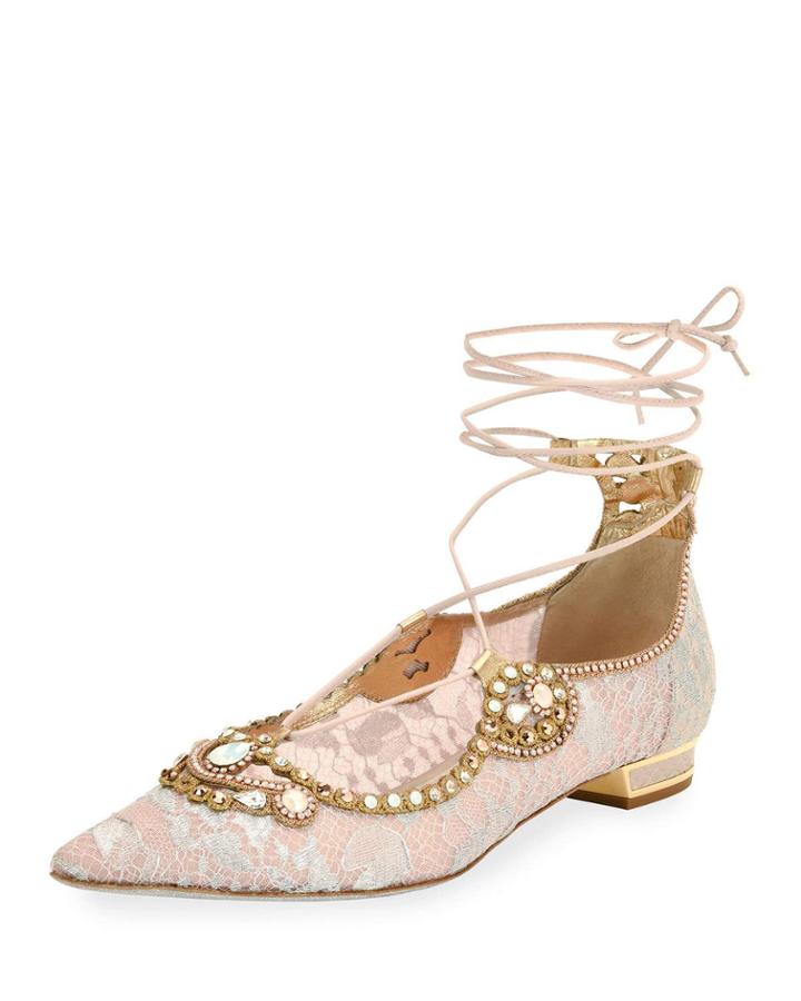 Embellished Lace Ankle-tie Flat, Pink