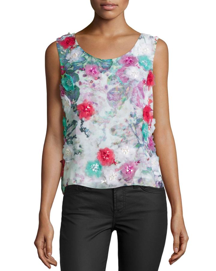 Nicole Miller Artelier Faint Floral-print Georgette Top, Women's, Size: Medium, Ivory