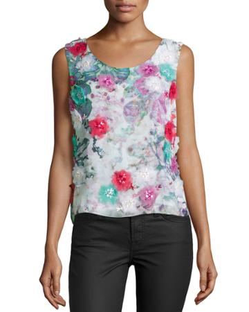 Nicole Miller Artelier Faint Floral-print Georgette Top, Women's, Size: Medium, Ivory