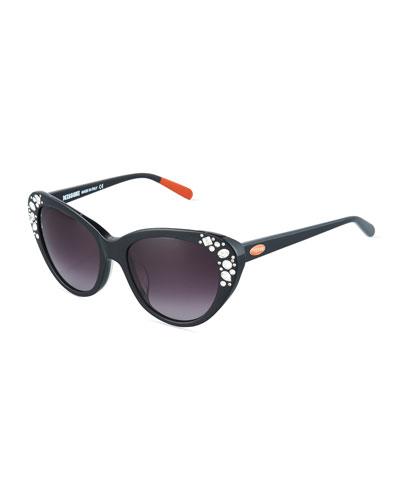 Embellished Cat-eye Plastic Sunglasses, Black
