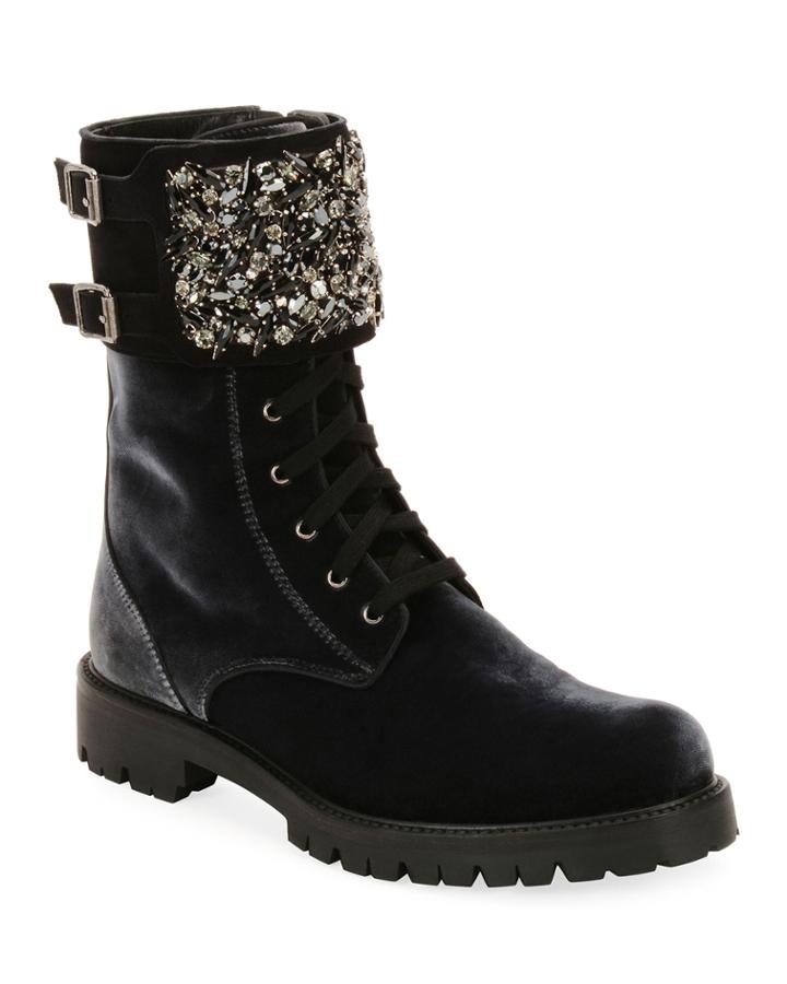Velvet Combat Boot With Crystal